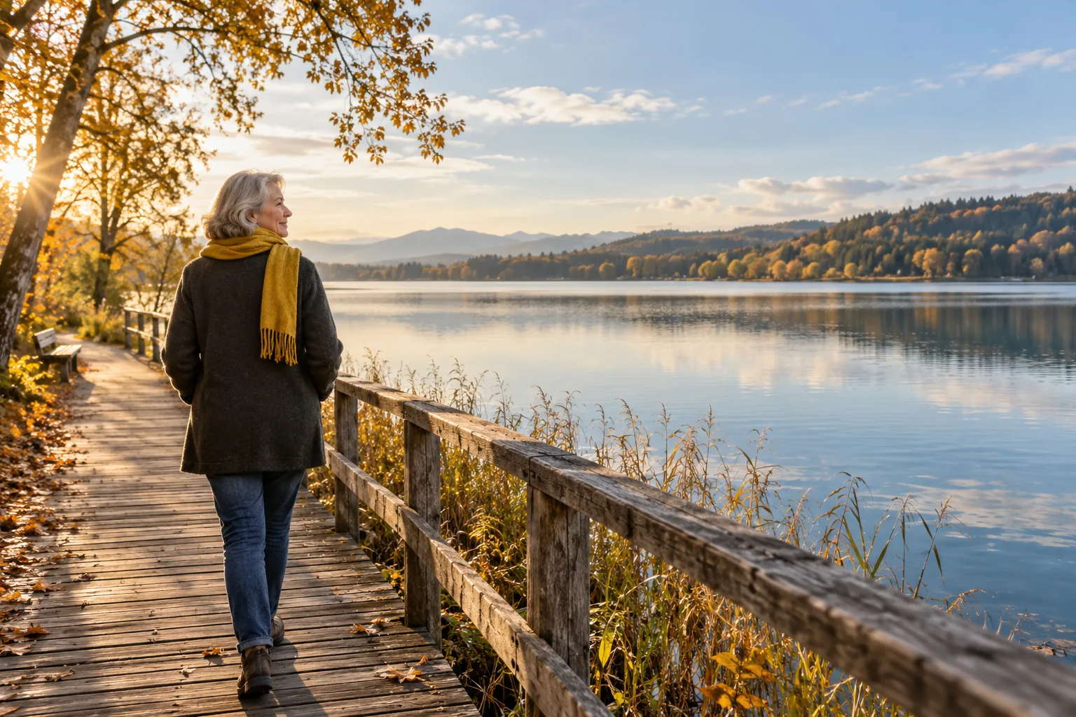 Eine Frau spaziert an einem See und blickt auf ihren neuen Lebensabschnitt – KI-Symbolbild