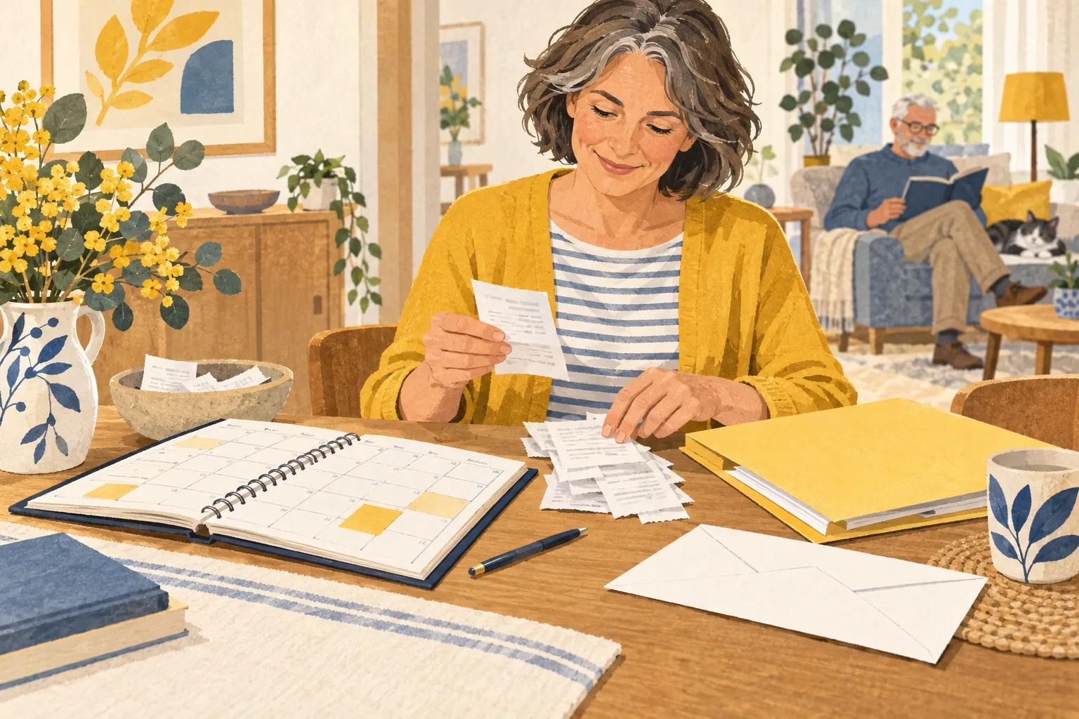 Eine Frau ordnet Belege neben einem Kalender und einer gelben Mappe – KI-Illustration
