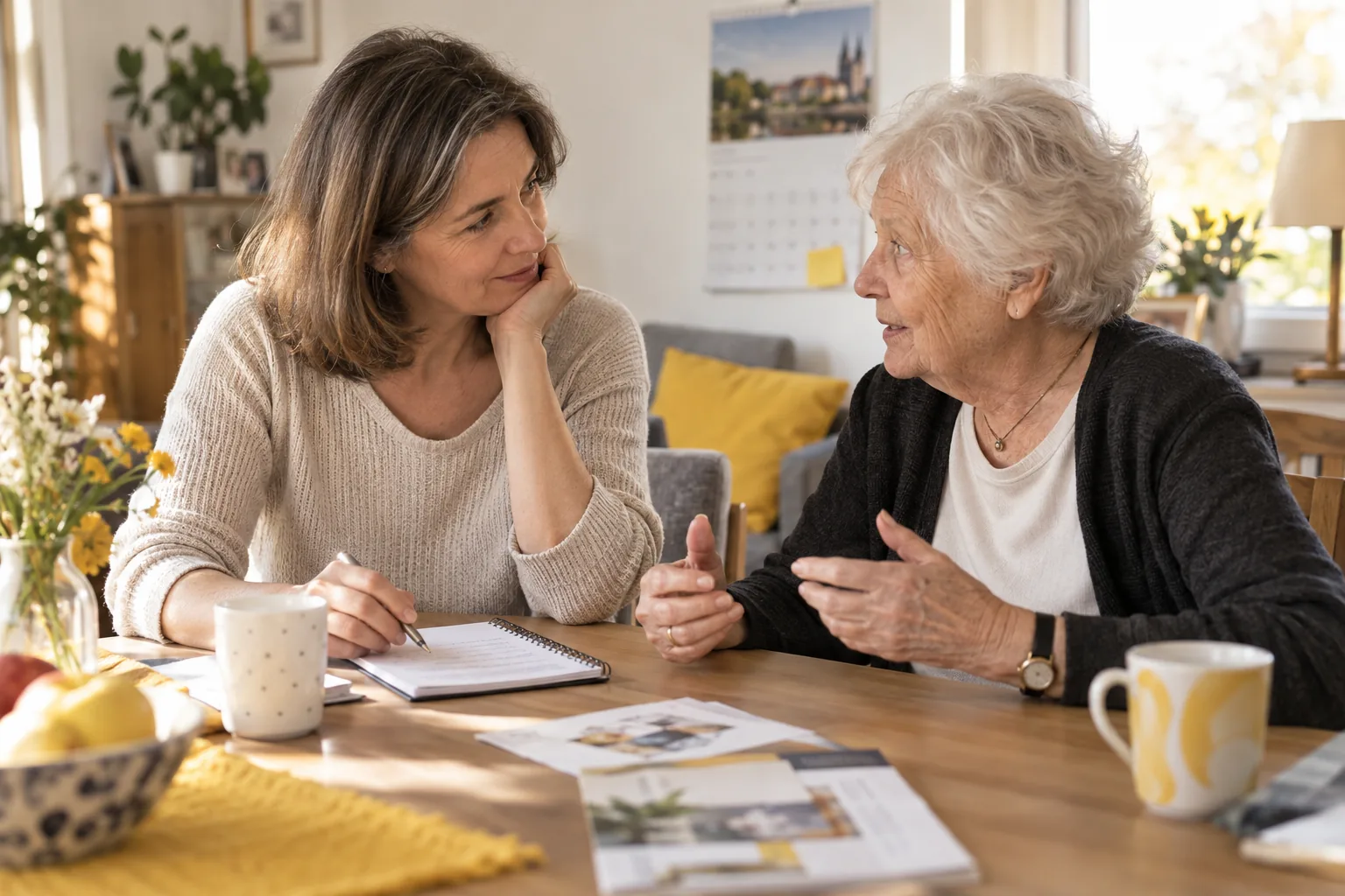 Eine Tochter und ihre Mutter besprechen zu Hause die Planung einer Pflegepause