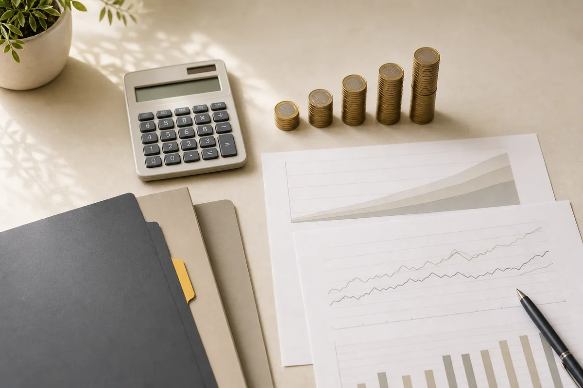 Unterlagen, Taschenrechner und Münzen zur Finanzplanung