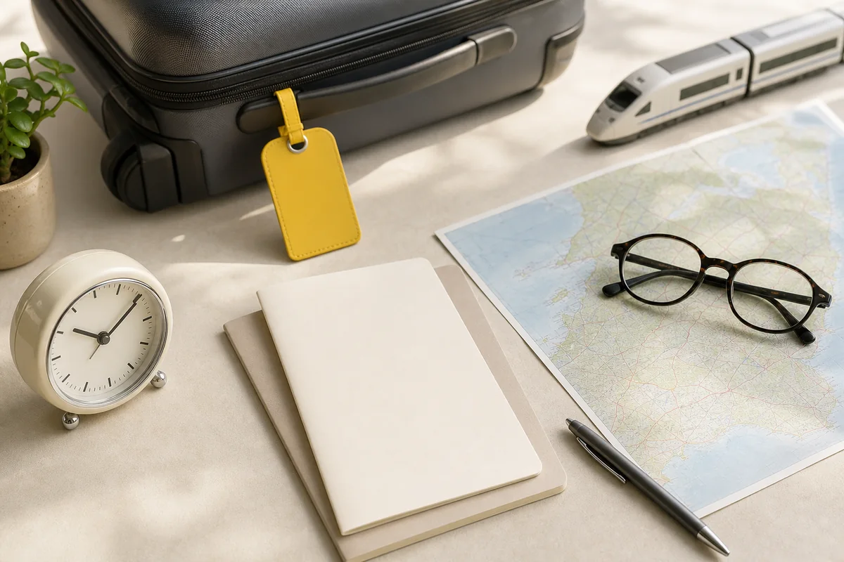 Reiseunterlagen, Koffer und Uhr für die Reiseplanung